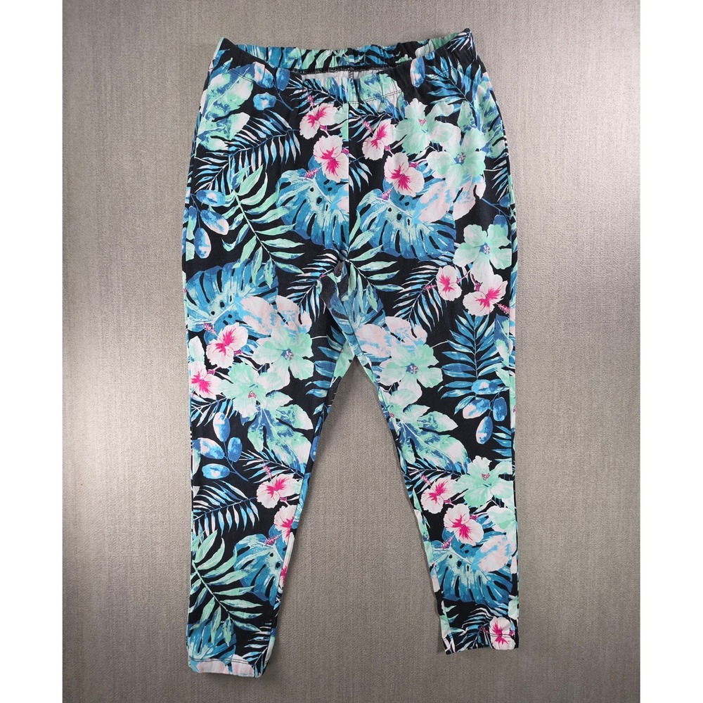 Roaman's Leggings Women 1X Black Tropical Floral Hibiscus Monstera Stretch